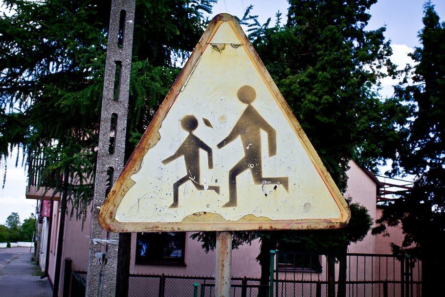 sign, old, rust, children, warning, traffic, gear, tree, plant HD wallpaper