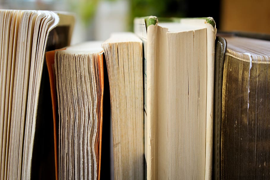 closeup photo of five books, education, library, pile, wood - material HD wallpaper