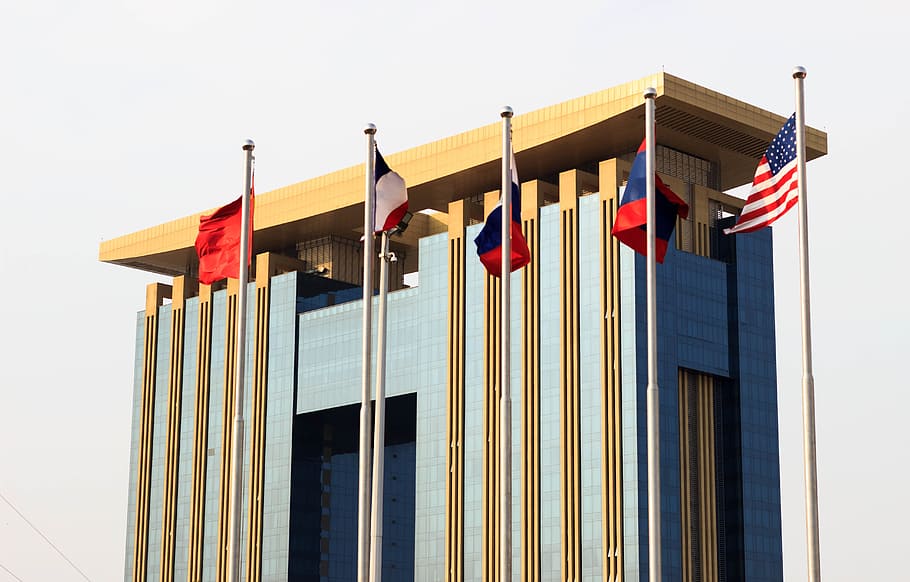 Building, Flags, Corporation, architecture, city, sky, landmark HD wallpaper