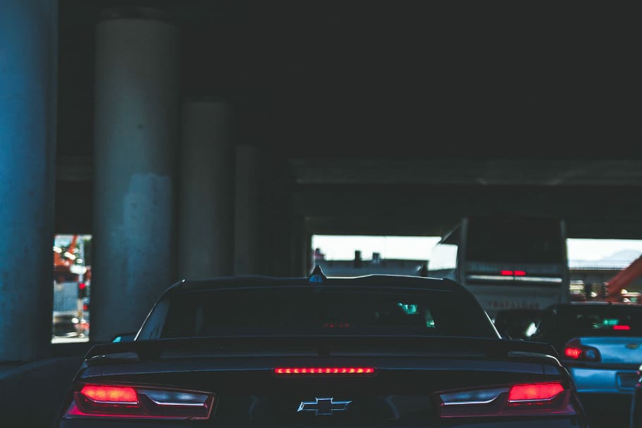 black Chevrolet car stuck in traffic, chevy, camaro, light HD wallpaper