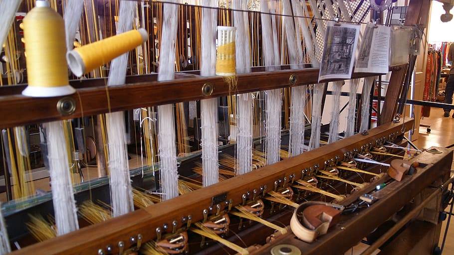 brown weaving machine, loom, silk, bobbin, weave, textile factory HD wallpaper
