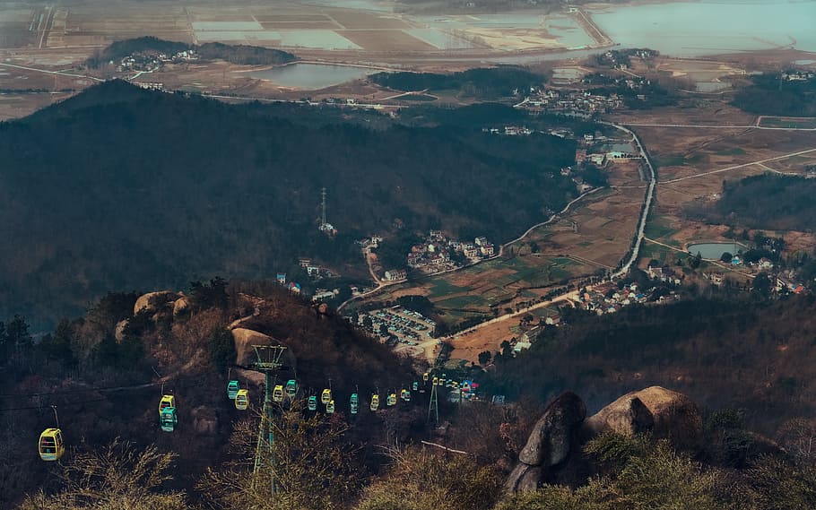 cable cars on mountain during daytime, aerial photography of cable cars on mountain, HD wallpaper