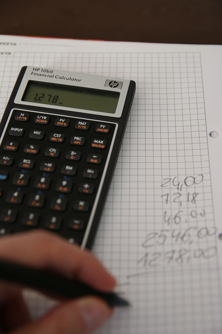 black financial calculator on top of graphing paper, money, bills, HD wallpaper