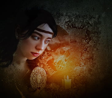 woman beside a shadow of skull digital wallpaper, fantasy, gothic HD wallpaper
