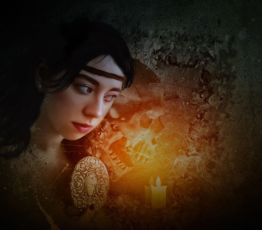 woman beside a shadow of skull digital wallpaper, fantasy, gothic HD wallpaper