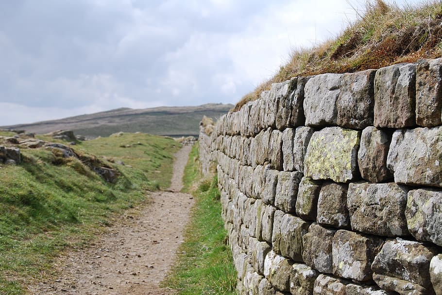 gray pathway between grass field near concrete brick wall, stone HD wallpaper