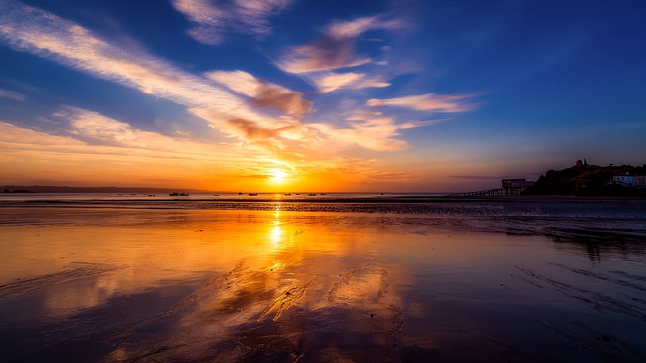 sea, dawn, landscape, nature, beach, blue, clouds, coast, evening HD wallpaper