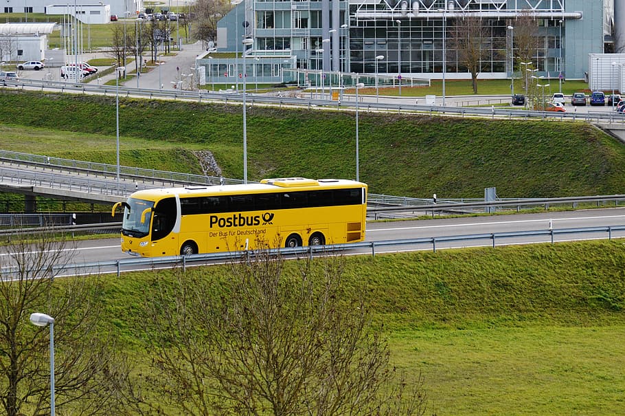 yellow Postbus passing road at dytime, munich airport, transportation HD wallpaper