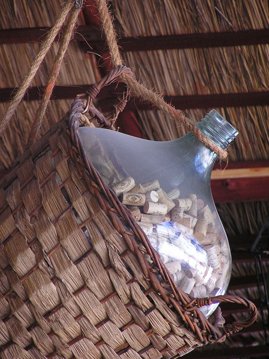 Bottle, Demijohn, Wicker, Decoration, hay, basket, plugs, no people HD wallpaper