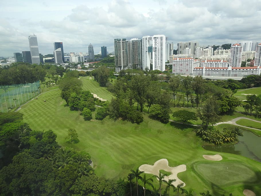 singapore, singapore golf course, fairway, green, cityscape, HD wallpaper