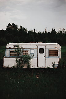 white RV trailer on grass field near trees under cloudy sky, white and gray RV trailer HD wallpaper