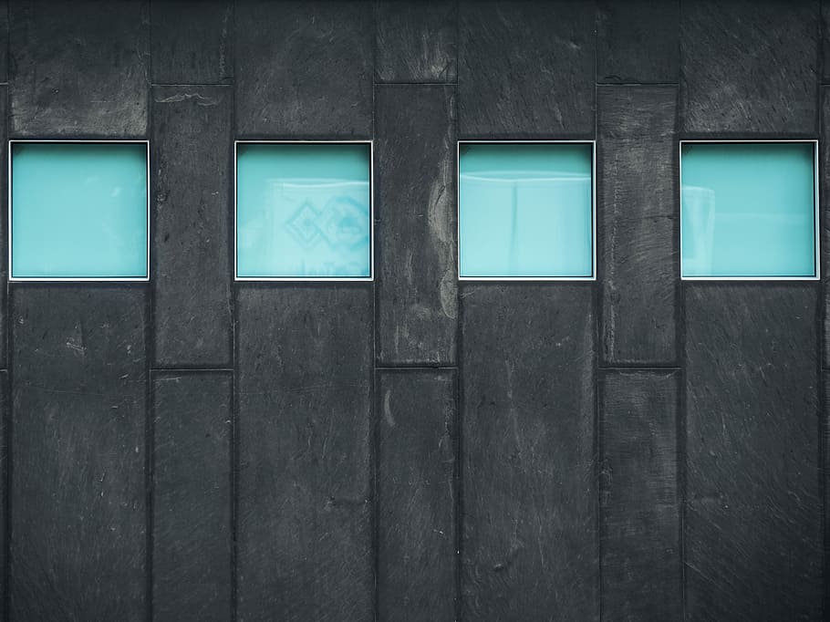 black framed 4-glass panel wall, gray surface with four green-tinted windows HD wallpaper