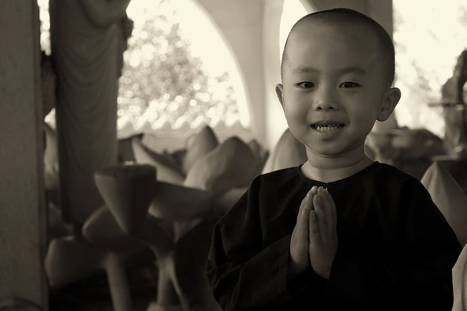 boy in black crew-neck shirt grayscale photo, monk, nun, religion