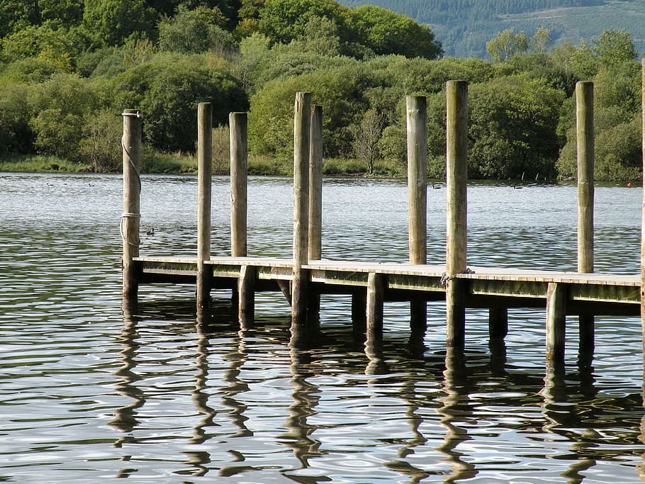 dock, pier, pilings, lake, water, wooden, reflections, nature HD wallpaper