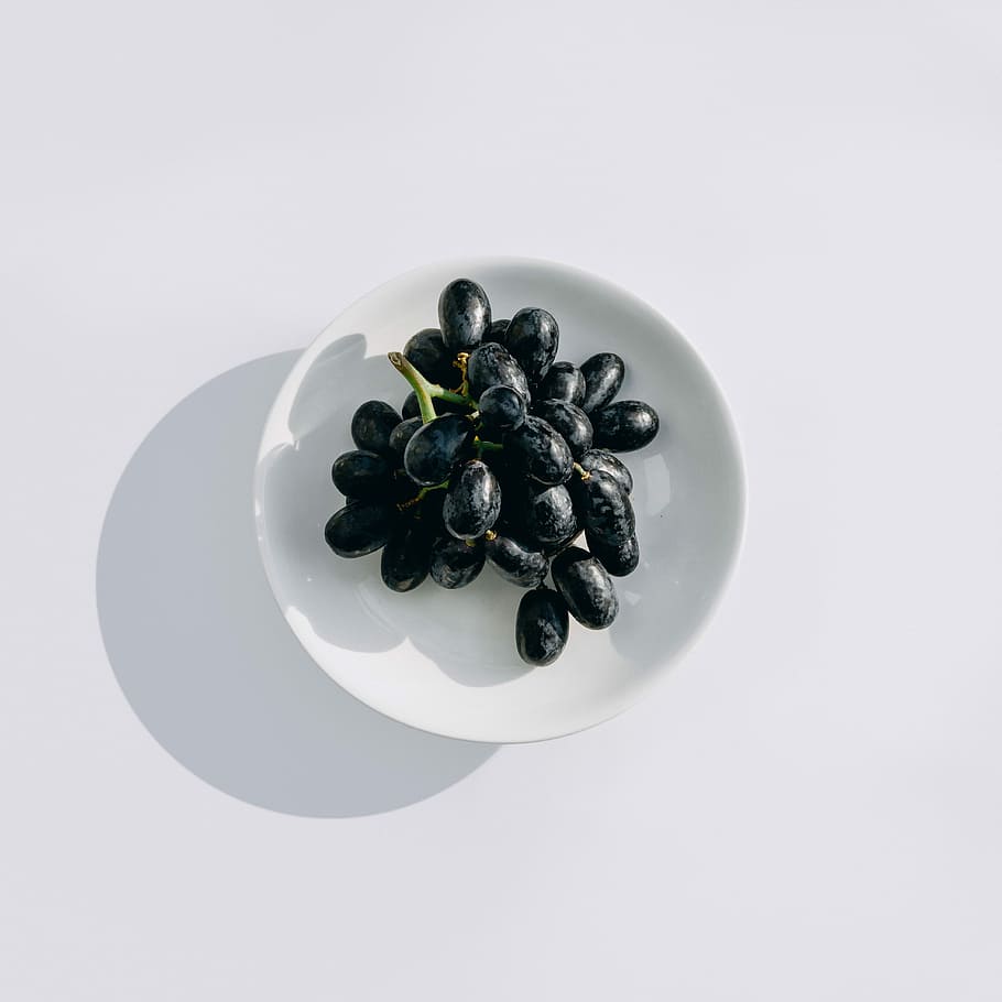 java plum on white bowl, black beans, grapes, fruit, vine, food HD wallpaper