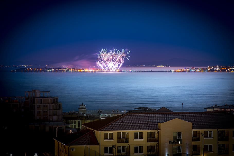 fireworks near body of water, city, bay, night, architecture HD wallpaper