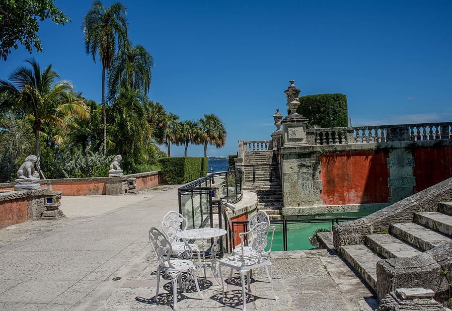 empty table with chairs beside swimming pool, Vizcaya, Miami, Florida, HD wallpaper