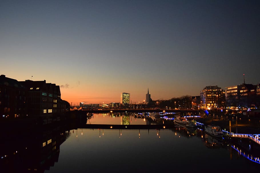 Bremen, Weser, Twilight, Sunset, Kill, ships, river, bridge HD wallpaper