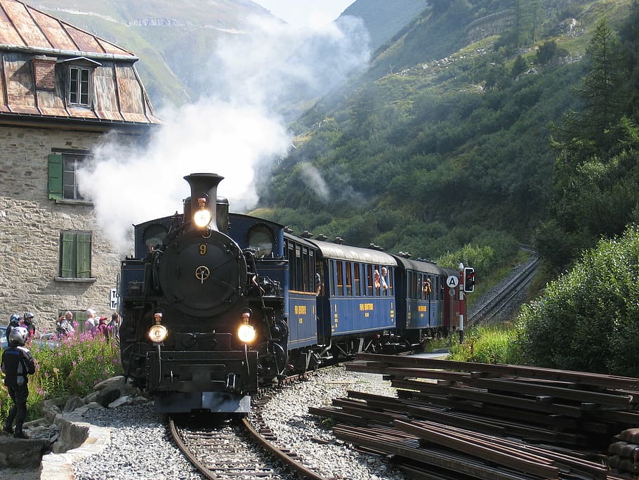 classic blue train, steam railway, furka, switzerland, steam locomotive