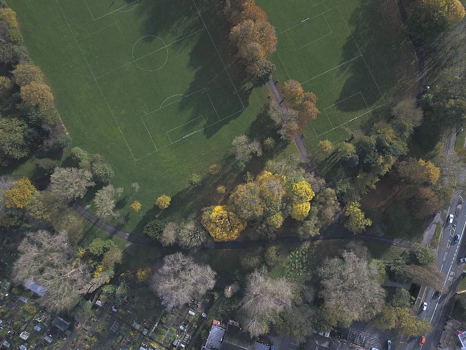 birds eye view photo of stadium and trees, aerial photography of soccer field, HD wallpaper