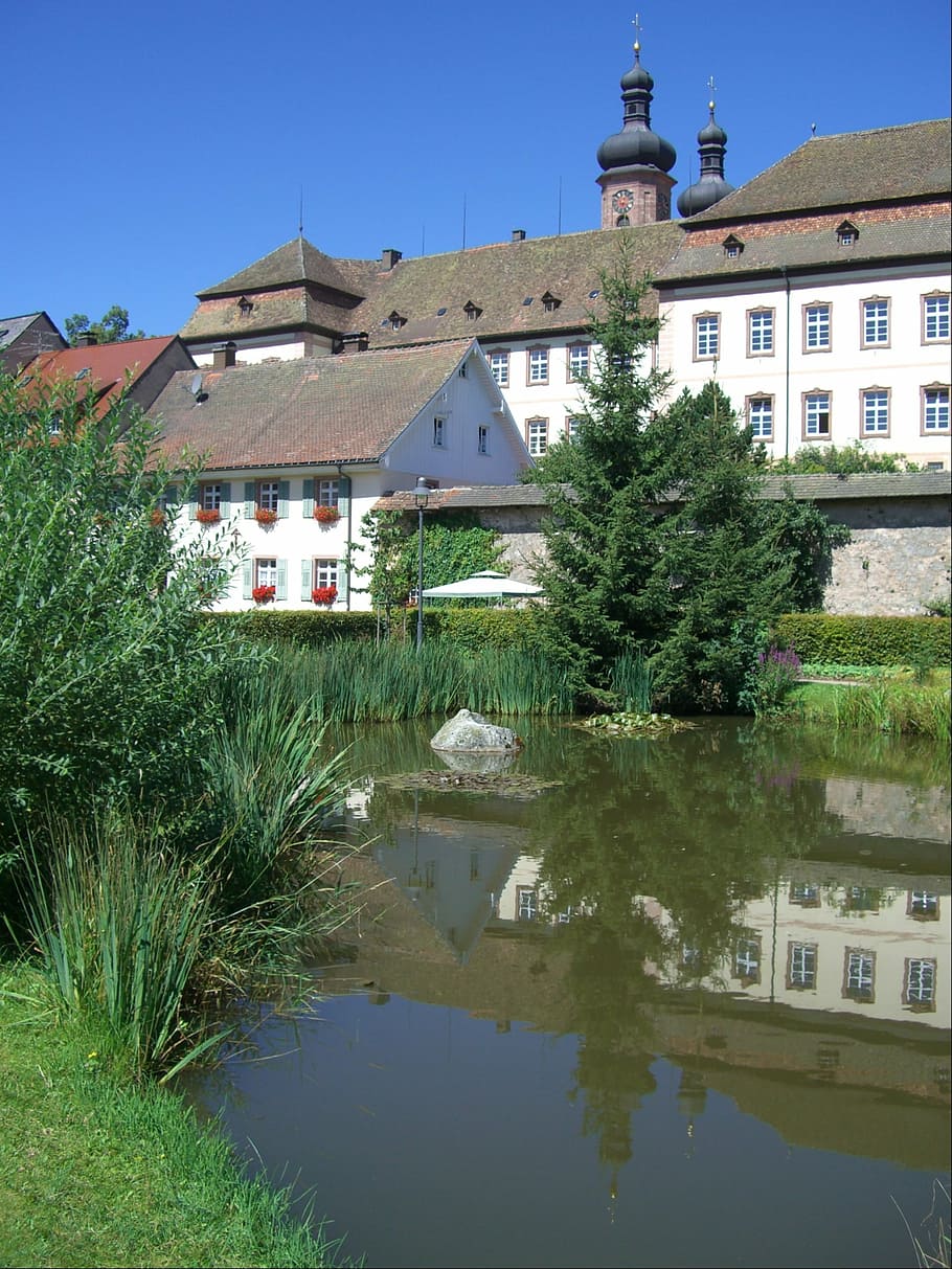 st peter, monastery, pond, mirroring, tower, church tower, building HD wallpaper