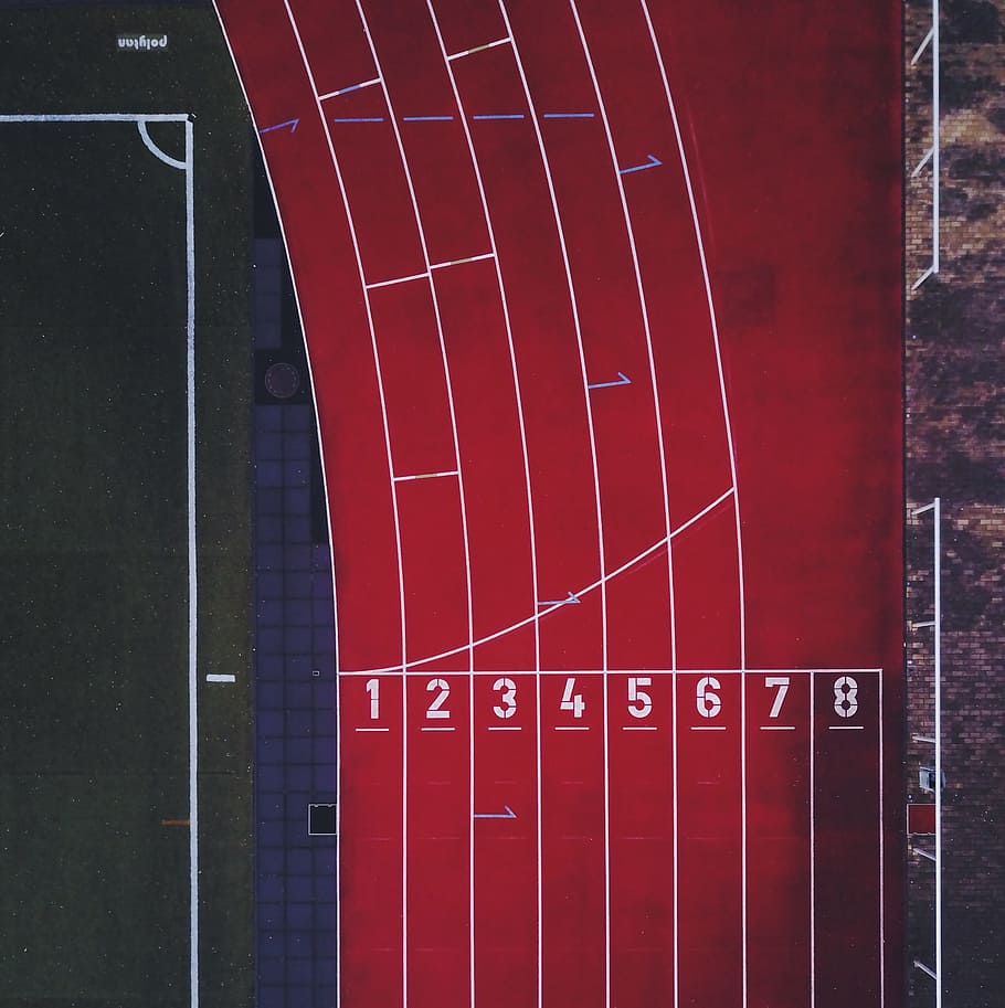 aerial photo of track and field race track, aerial photography of race track