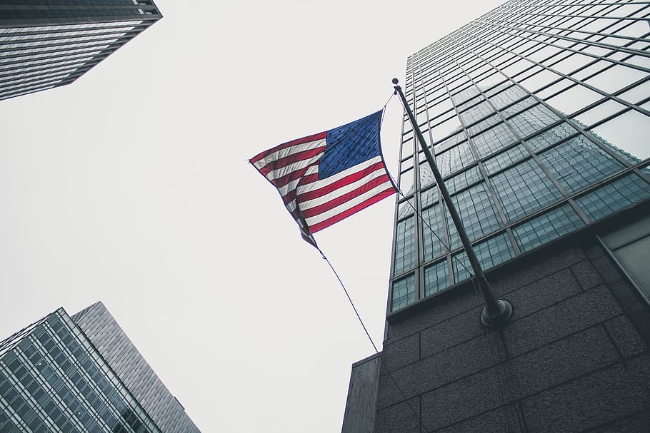 flag of America waving under gray skies, flag of America outdoors HD wallpaper