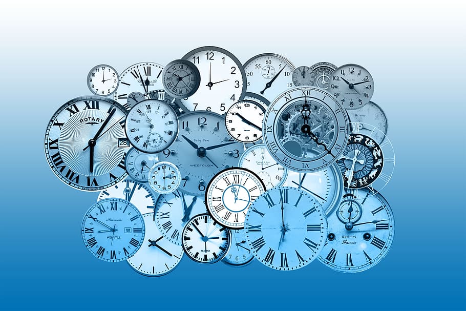 mechanical and analog clock lot against blue background, time, HD wallpaper