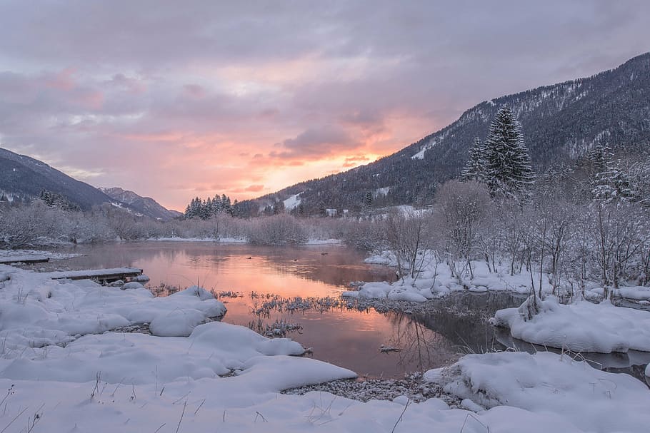 snow covered mountain during golden hours, river, water, ice HD wallpaper