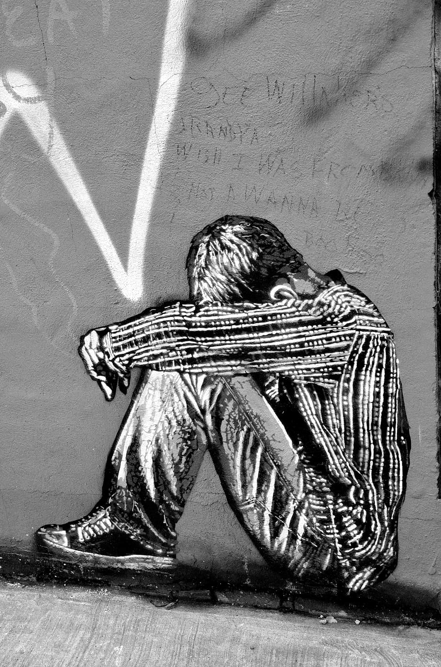boy painted on wall, street art, graffiti, new york, spray, emotion