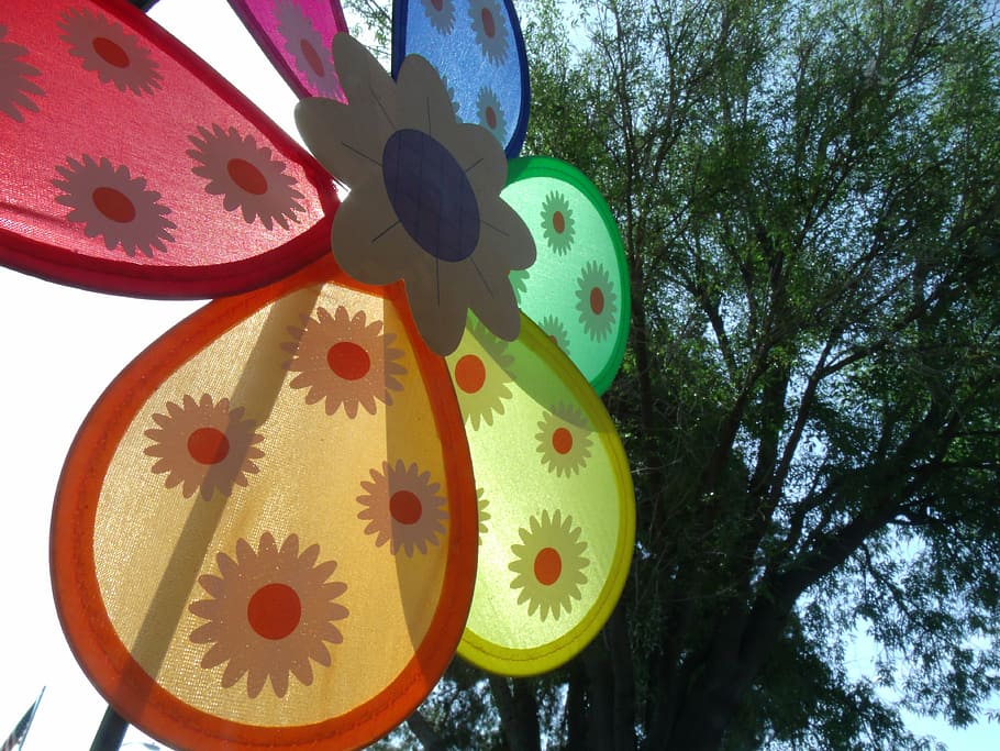 windmill, spring, tree, nature, green, flowers, decoration HD wallpaper