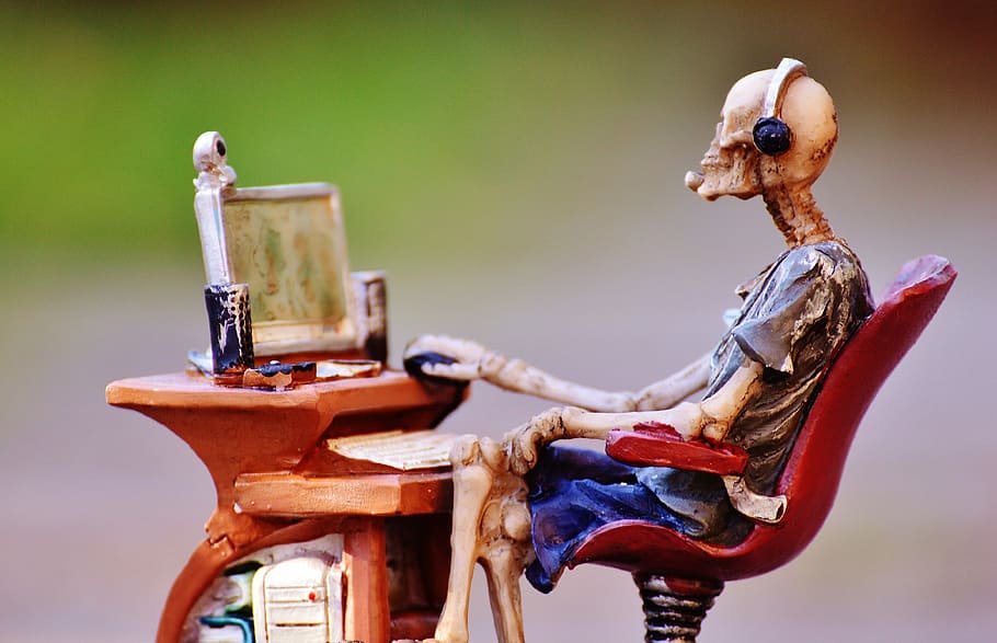 Hd Wallpaper Skeleton Sitting On Chair Facing Monitor Figurine