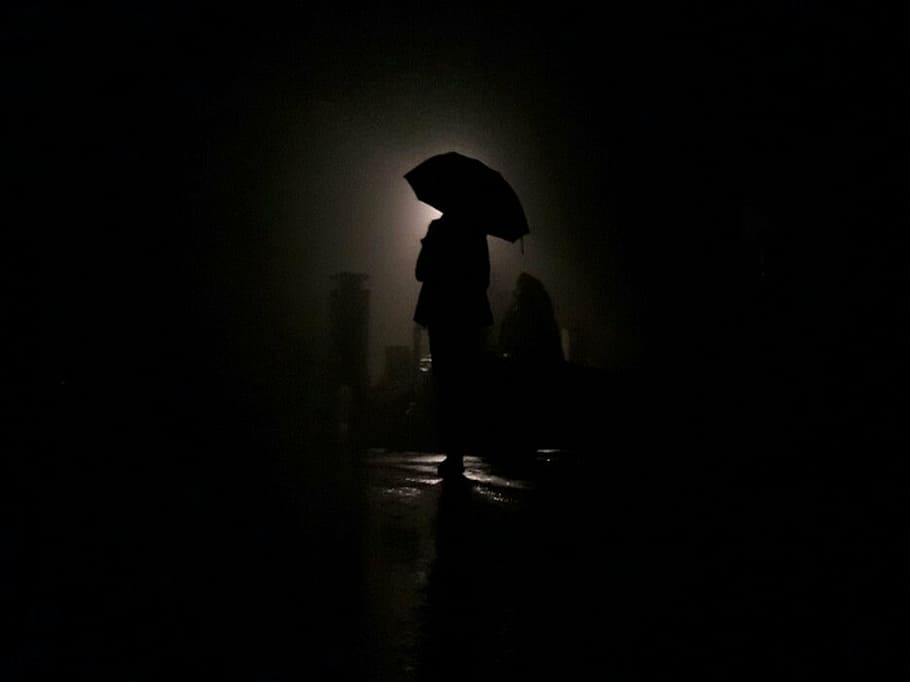 sihlouette photo of person holding umbrella, night, non, lights HD wallpaper
