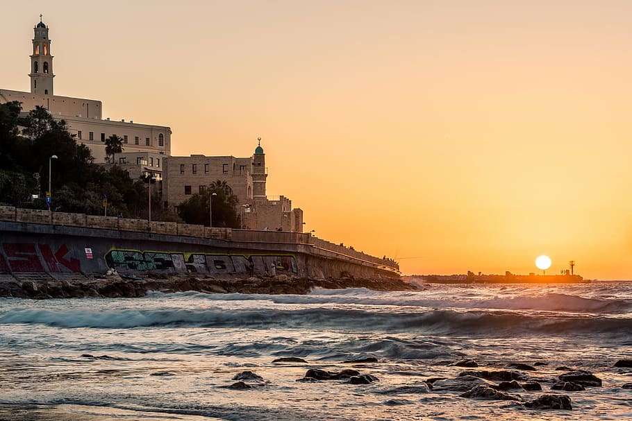 architecture, beach, breakwater, building, church, city, dawn HD wallpaper