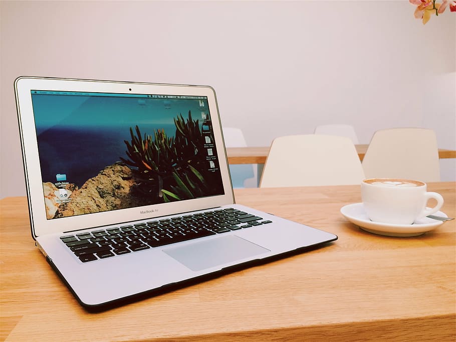 MacBook Air near cup of coffee, apple, laptop, computer, wood HD wallpaper