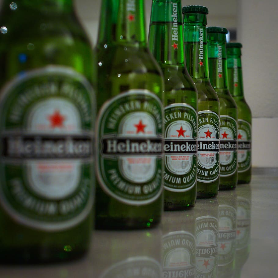 Heineken bottle lot, beer, green, drink, drinking, soft, fresh, HD wallpaper