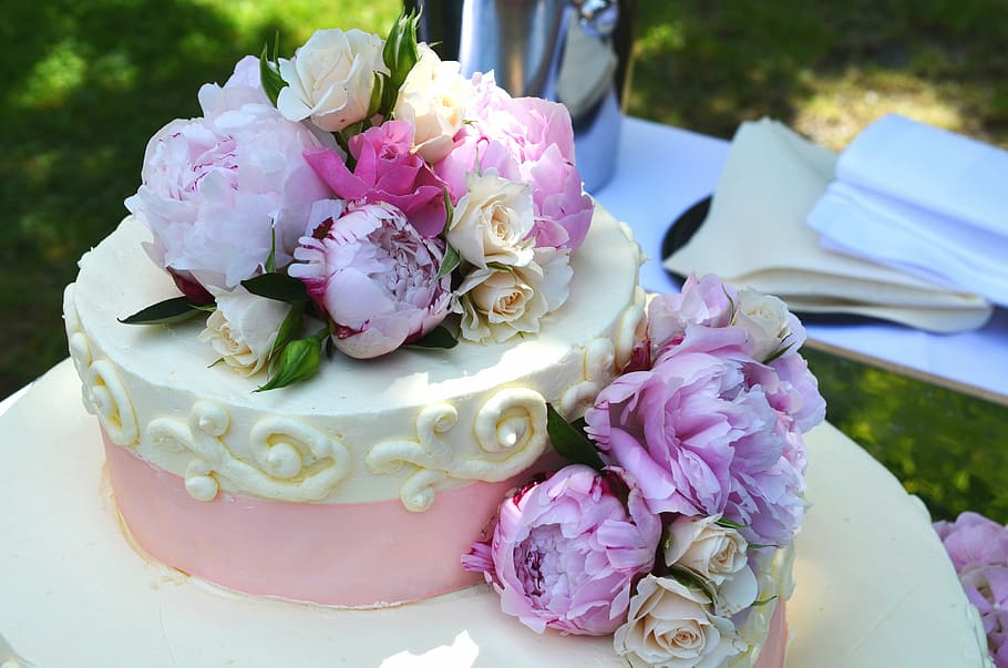white and pink flowers on cake, wedding cake, marriage, ornament HD wallpaper