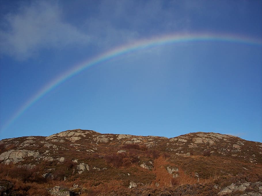 rainbow, hills, sky, blue, countryside, rural, scotland, south rona HD wallpaper
