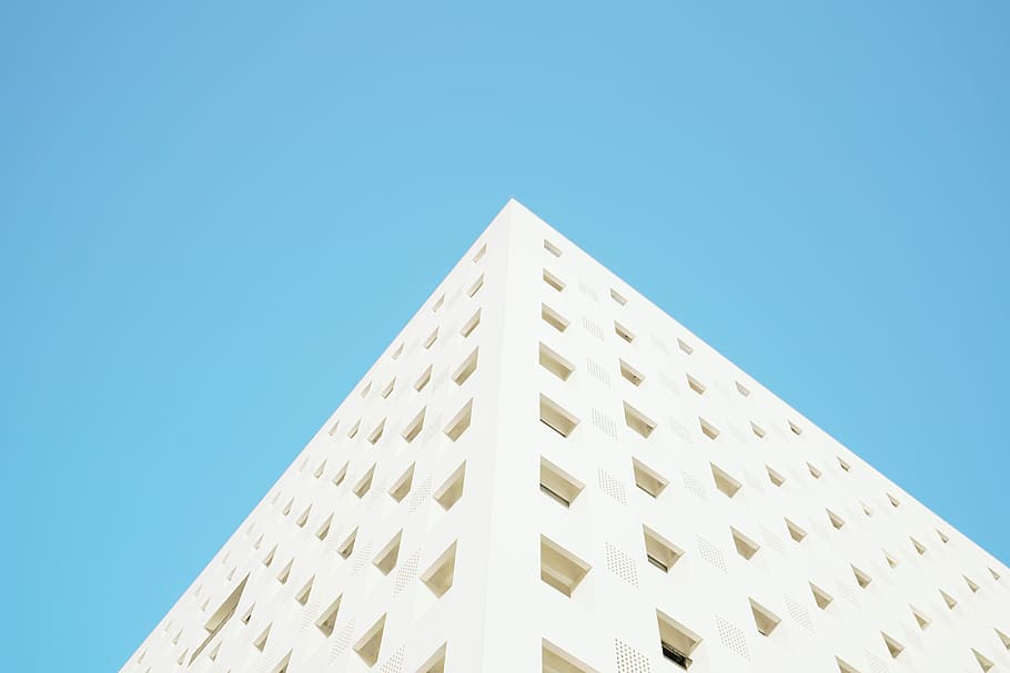 worm's eye view photography of white building under blue clear sky during daytime, low angle photography of white concrete building at daytime HD wallpaper