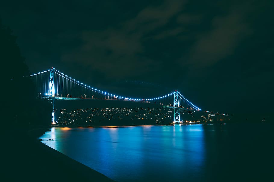 bridge with turned on blue string lights during nighttime, landscape of cable bridge HD wallpaper