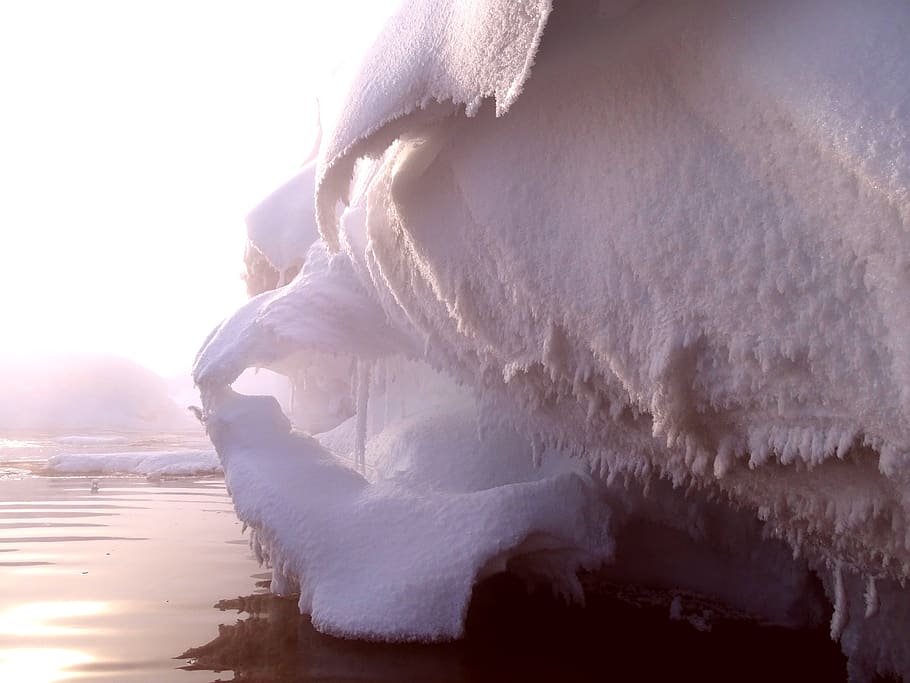 river, beach, winter, snow, snowdrift, cornice, landscape, nature HD wallpaper