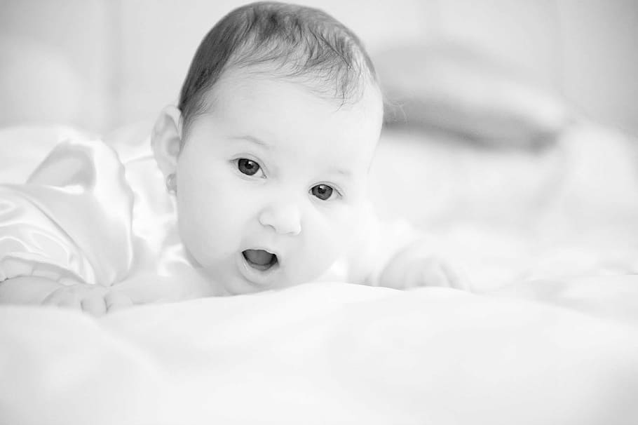 adorable, baby, bed, bedroom, black-and-white, care, child, HD wallpaper