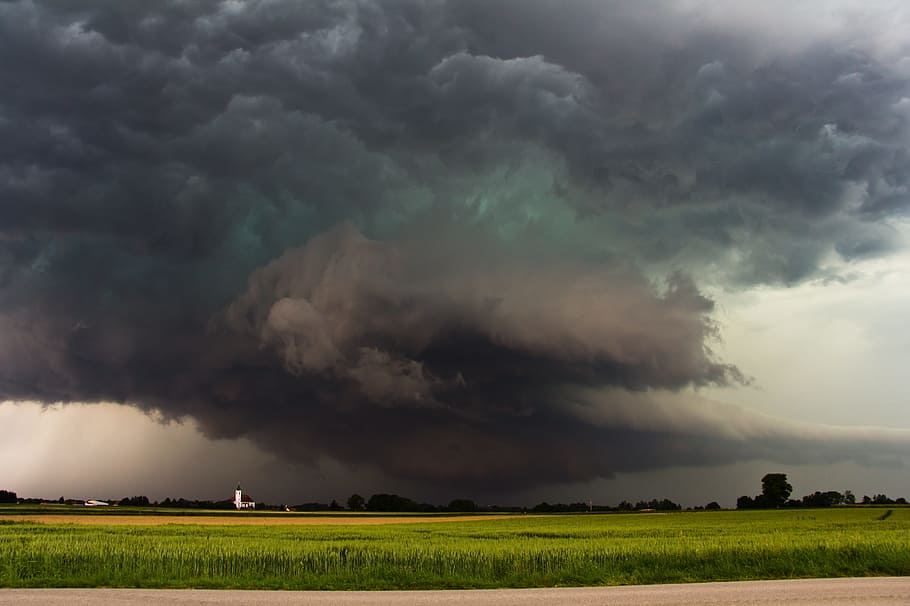 nimbus clouds on sky, storm, super cell, wall cloud, green, a thunderstorm cell, HD wallpaper