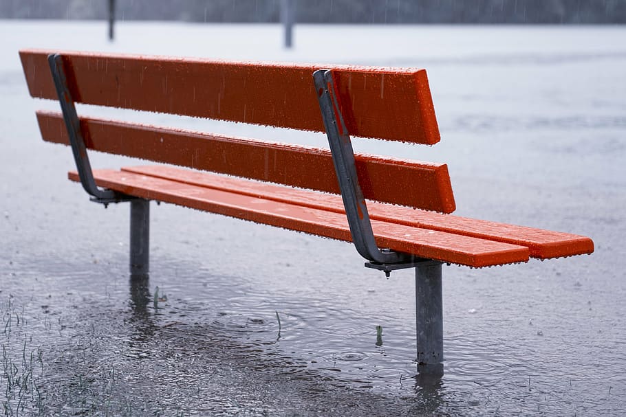 red wooden bench, rain, lake, high water, weather, wet, waters, HD wallpaper