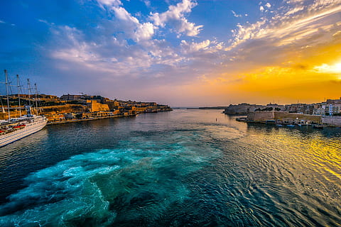 aerial view of body of water and buildings, malta, harbor, sunset HD wallpaper