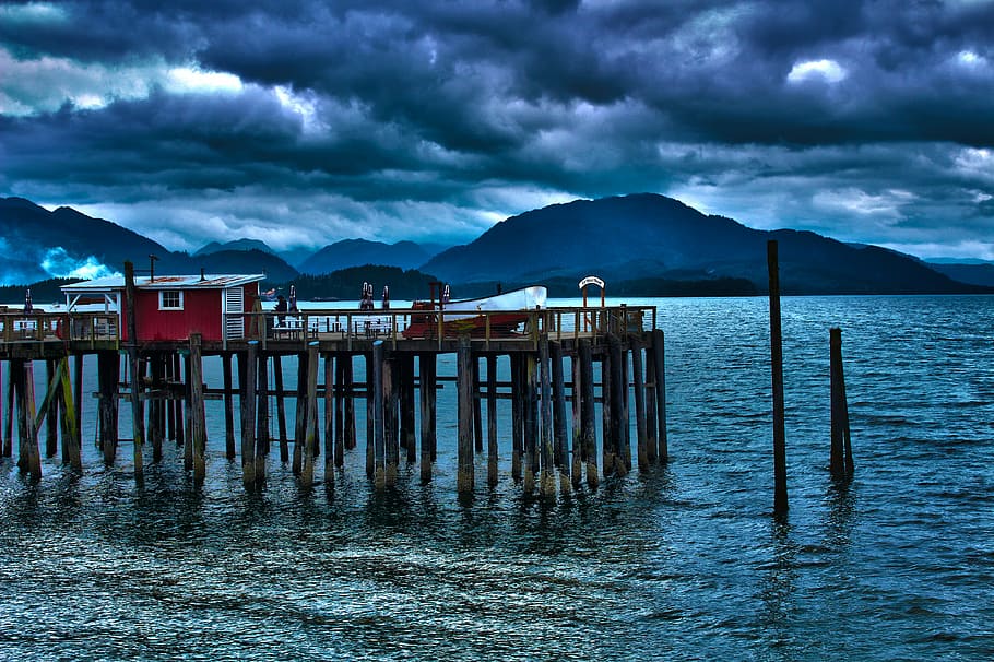 docks, moody, blue, ocean, cast, fishing, hdr, harbour, water HD wallpaper