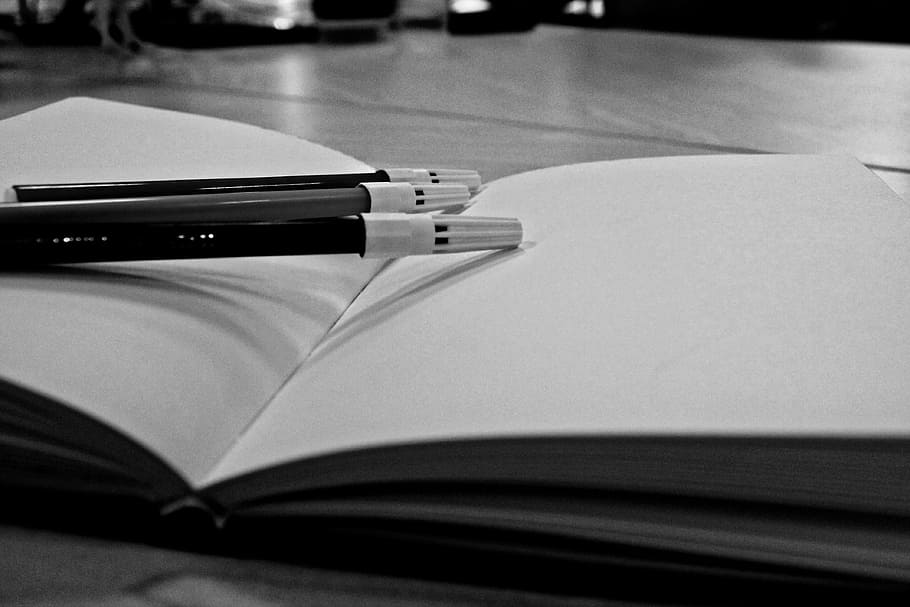 several pens on white book page, notebook, write, author, publication HD wallpaper