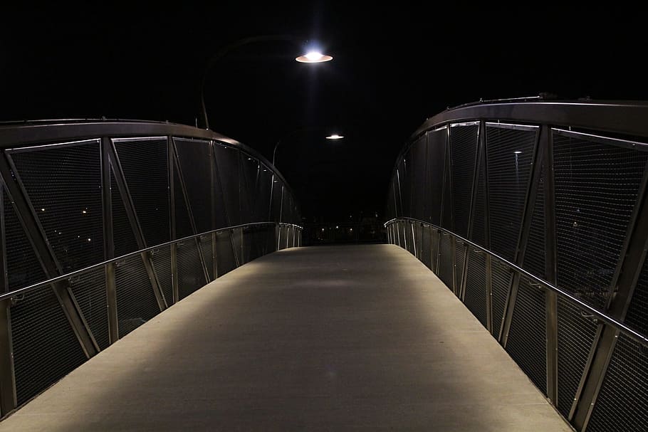 bridge, pathway, light, dark, night, illuminated, architecture HD wallpaper