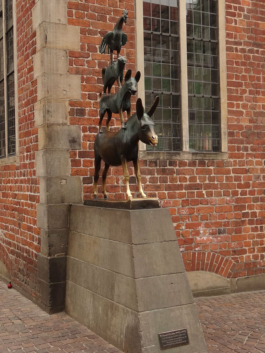 black animal statue, bremen town musicians, monument, city, animals