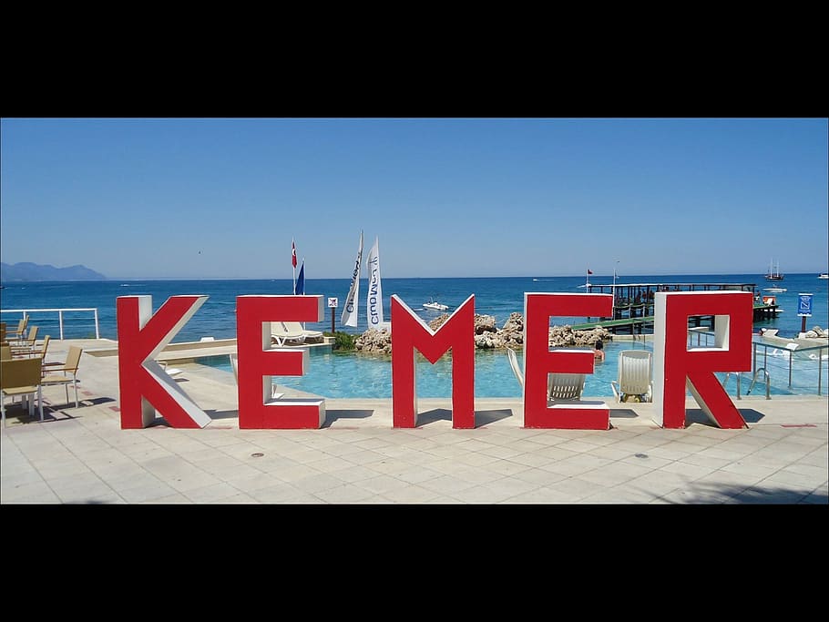 kemer, pool, sky, water, text, sea, western script, red, nature HD wallpaper